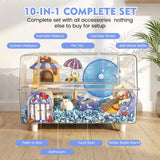 Ecleng 10 in 1 Acrylic Hamster Cage with Complete Ocean Style Accessories,23.2" Double-Level Panoramic Habitat,Easy to Assemble & Clean,Complete Starter Kit for Syrian Hamsters & Mice