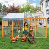 KEIKI 110"L Outdoor Large Chicken Coop with Waterproof Cover, Roosting Platform, Wire Mesh & 2 Lift Small Doors with Locks, Wood Chicken Coop House with Run for Cat Kitten Playpen, Duck, Rabbit, Quail