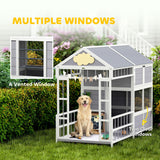 PawHut Dog House Outdoor Indoor, 79" x 41" x 63" Wooden Dog Shelter with Porch, Storage Cabinet, Weatherproof Roof, Elevated Floor, Air Vents & Observation Windows, Large Pet Shelter for Large Breeds