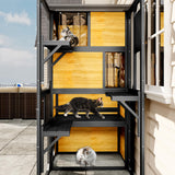Trygoal Large Catio Enclosure, 4-Tier Weatherproof Cat House, Multi-Level Outdoor Cat Patio with Platforms & Resting Rooms, Window Attached for Backyard/Patio/Balcony, Black & Natural