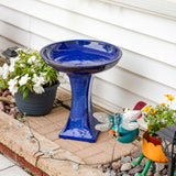 Sunnydaze Ceramic Bird Bath for Outside - 16" H - UV- and Frost-Resistant - Pedestal Bird Bath - Blue Glazed Bowl - Blue Glaze Finish