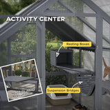 PawHut 110" L Large Catio Outdoor Cat Enclosure for Multiple Kittens, 56 sq.ft Wooden Cat House with Waterproof Cover, Walk in Kitty Cage Kennel with 2 Condos, 6 Platforms, for Backyard, Patio, Gray