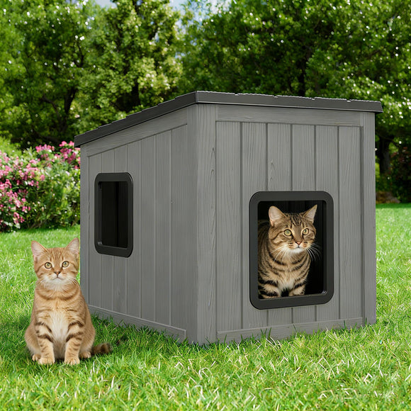 LHBcraft Outdoor Cat House Weatherproof, Durable Resin Cat Houses for Outdoor Cats, Insulated Feral Cat Houses for Cats Shelter, Emergency Exit Easy to Clean and Install, Grey