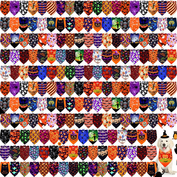 Newwiee 200 Pcs Halloween Dog Bandanas Bulk for Dogs Adjustable Triangle Bibs Scarf Halloween Pumpkin Bat Skull Ghost Spider Pet Costumes Scarf Holiday Accessories for Large Dog Puppy