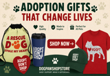 Dog adoption-themed products including a drawstring bag, tumbler, and t-shirt with promotional text.
