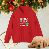 Red hoodie with 'Books, Dogs, and Coffee' text on a festive background with a puppy and Christmas decorations.