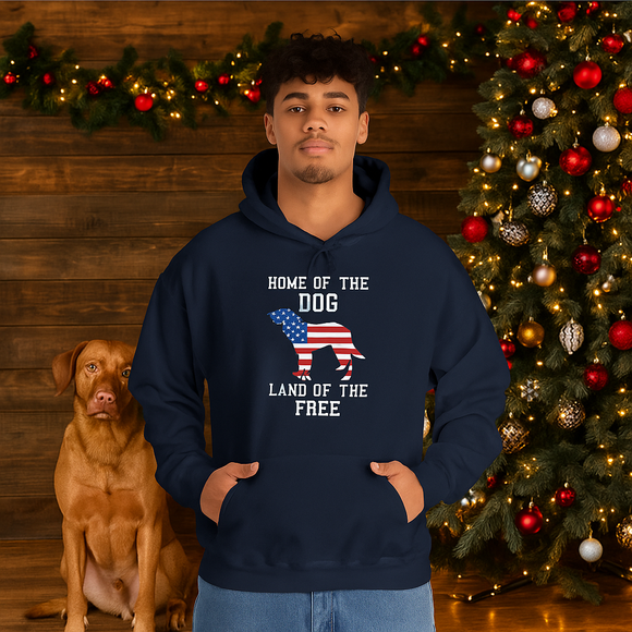 Man wearing a navy hoodie with a dog-themed design in front of a decorated Christmas tree.