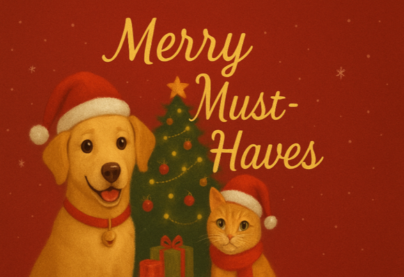 Cartoon dog and cat in Christmas hats with a tree and presents on a red background.