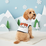 Dog wearing a hoodie with text in a snowy landscape