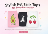 Pet tank tops with avocado, dog, and cherry designs on a pink background.