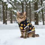 Cat wearing a winter coat with pumpkin patterns in a snowy forest