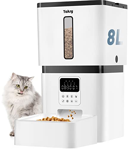 Yakry Automatic Cat Feeders - 8L/33 Cups Dog Food Dispenser with Lock Lid &Desiccant Bag - Programmable Timed Cat Feeder with 20s Voice Recorder - Portion Control 1-7 Meals Per Day