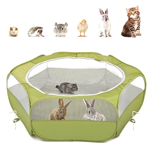 Pawaboo Small Animals Playpen, Waterproof Small Pet Cage Tent with Zippered Cover, Portable Outdoor Yard Fence with 3 Metal Rod for Kitten/Puppy/Guinea Pig/Rabbits/Hamster/Chinchillas, Green