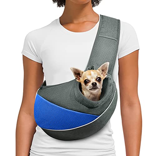 AOFOOK Dog Cat Sling Carrier, Keep Pet Safe in Carrier，Adjustable Padded Shoulder Strap, with Mesh Pocket for Outdoor Travel (S - Up to 5 lbs, Royal Blue - Grey)