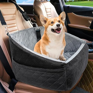 Dog Car Seat for Small Dogs,Detachable Washable Dog Booster Seat Under 35lbs, Pet Car Seat Travel Bed with Storage Pockets and Dog Safety Belt (Black/Grey)