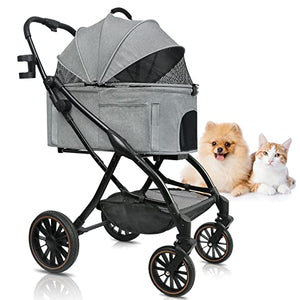 Dog Strollers for Small Medium Dogs - Lightweight Aluminum Alloy Frame Pet Stroller,One-Hand Automatic Folding,Detachable Pet Basket with no Zipper Entry,Large Rubber Wheel with Shock absorbers(Gray)