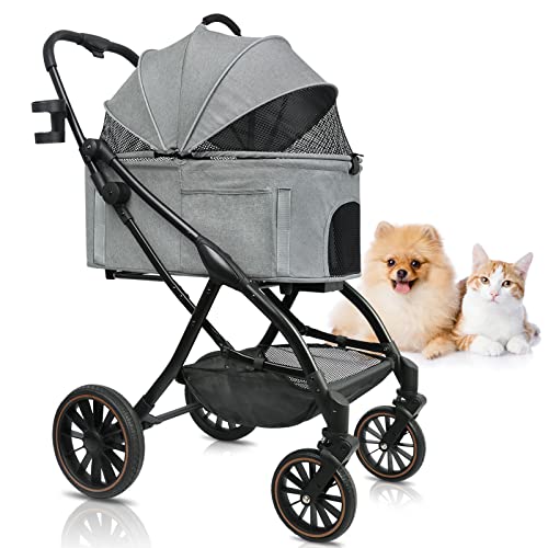 Dog Strollers for Small Medium Dogs Lightweight Aluminum Alloy Frame Pet Stroller,One-Hand Automatic Folding,Detachable Pet Basket with no Zipper