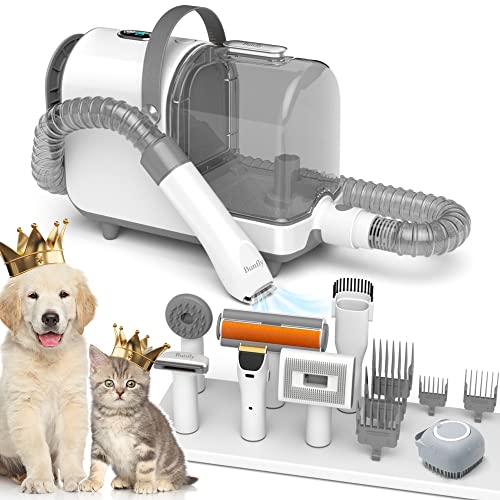 Bunfly Pet Clipper Grooming Kit and Vacuum Picks Up 99% Pet Hair, 7 Pet Grooming Tools, 3L Large Capacity Easy Clean Dust Cup for Pet Hair, Home Cleaning（Silver）