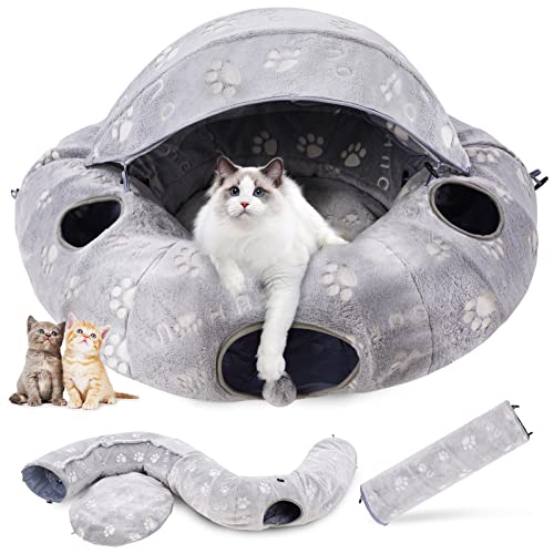 OUHOU Cat Tunnel Bed for Indoor Cats Large with Awning, Cat Tube Play Toy with Hanging Balls, 6 Peek Holes, Washable Mat. Interactive & Bored Toys for Kittens, Rabbits, Small Dogs and Pets.