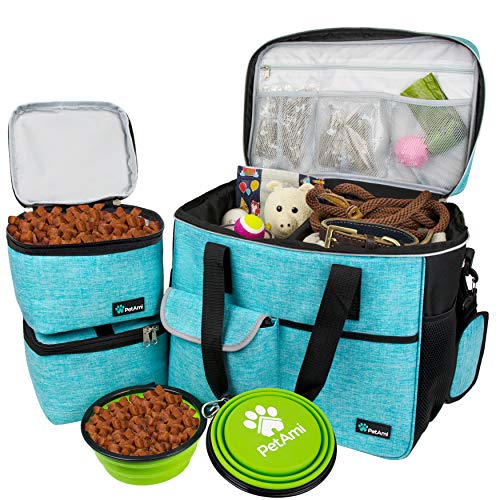 PetAmi Dog Travel Bag, Airline Approved Tote Organizer with Multi-Function Pockets, Food Container and Collapsible Bowl, Weekend Pet Supplies Travel Luggage Suitcase for Dog, Cat (Sea Blue, Large)
